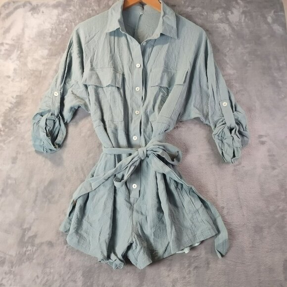Womens Gauze Button Front Tie Waist Romper M Blue Roll Tab Sleeve Boho Casual - Picture 1 of 12